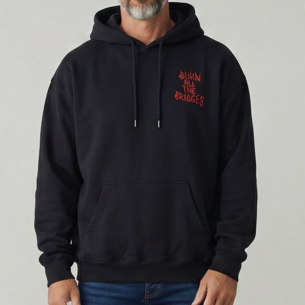 Mens Hoodie Size 3XL Burn All The Bridges Black Red Cotton Hooded Sweater Pocket